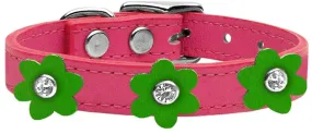 Flower Leather Collar Pink With Emerald Green Flowers Size 18