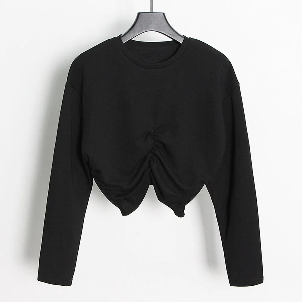 Folds Minimalist Sweatshirts For Women Round Neck Long Sleeve Pullover Loose Sweatshirt Female Fashion Clothes