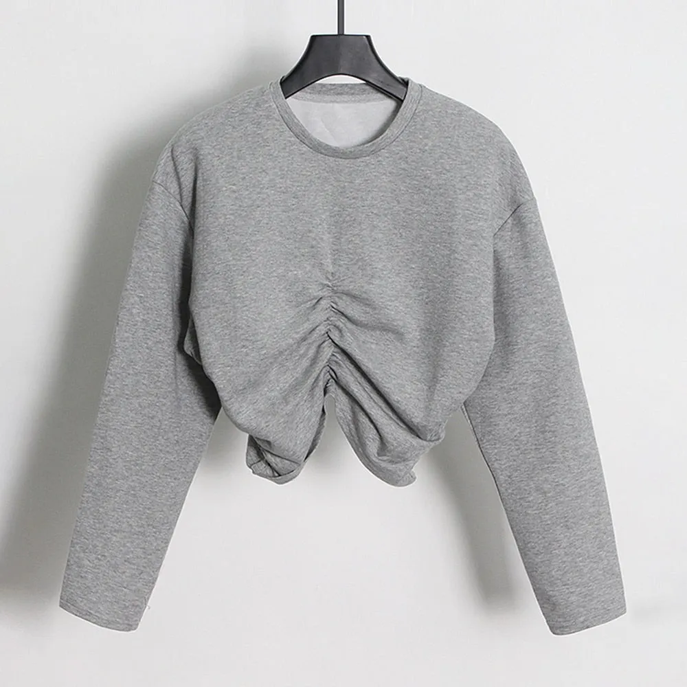 Folds Minimalist Sweatshirts For Women Round Neck Long Sleeve Pullover Loose Sweatshirt Female Fashion Clothes