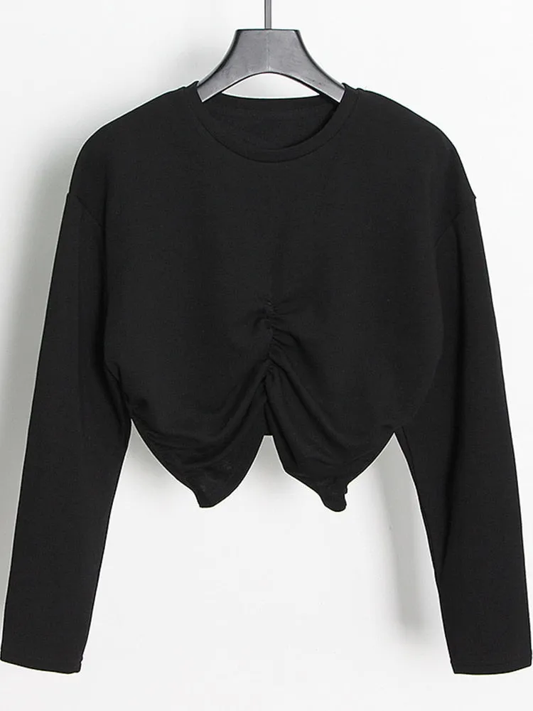 Folds Minimalist Sweatshirts For Women Round Neck Long Sleeve Pullover Loose Sweatshirt Female Fashion Clothes