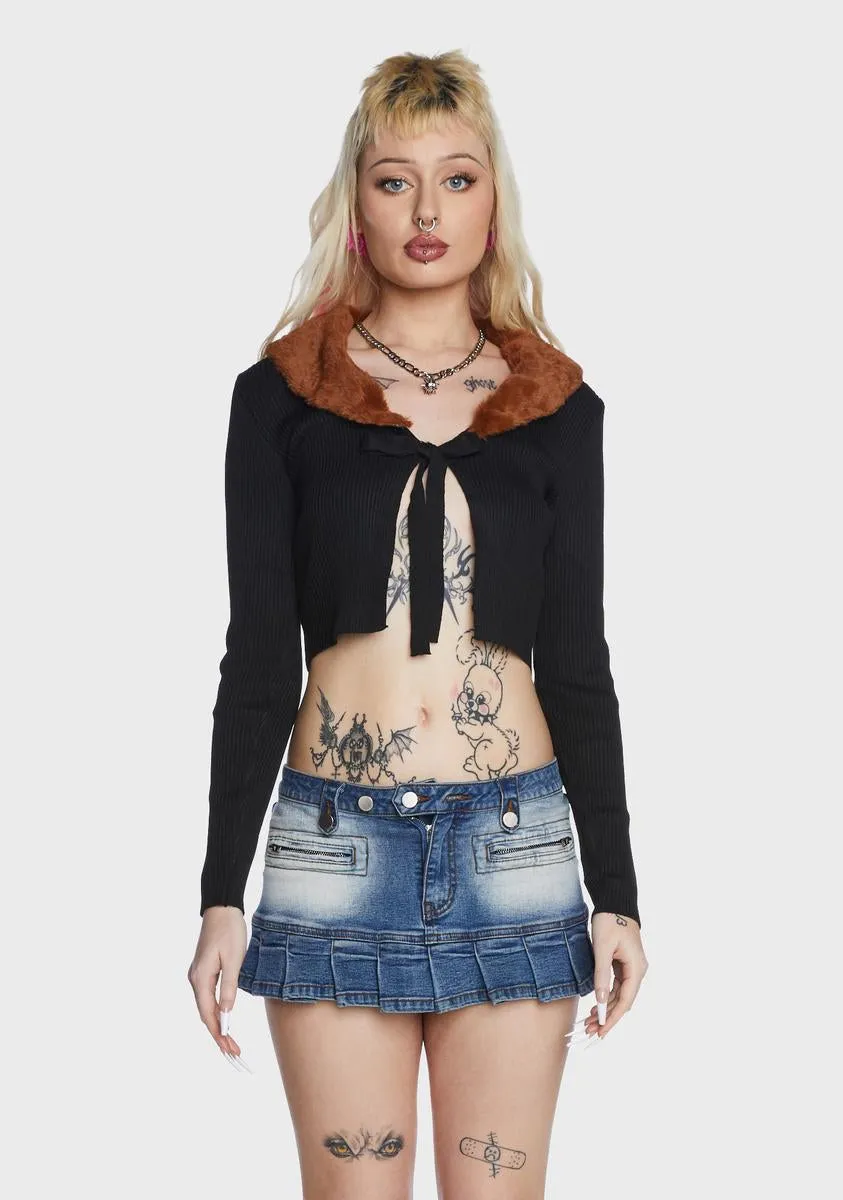 Fur Collar Tie Front Cardigan