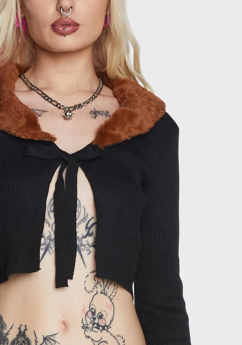 Fur Collar Tie Front Cardigan