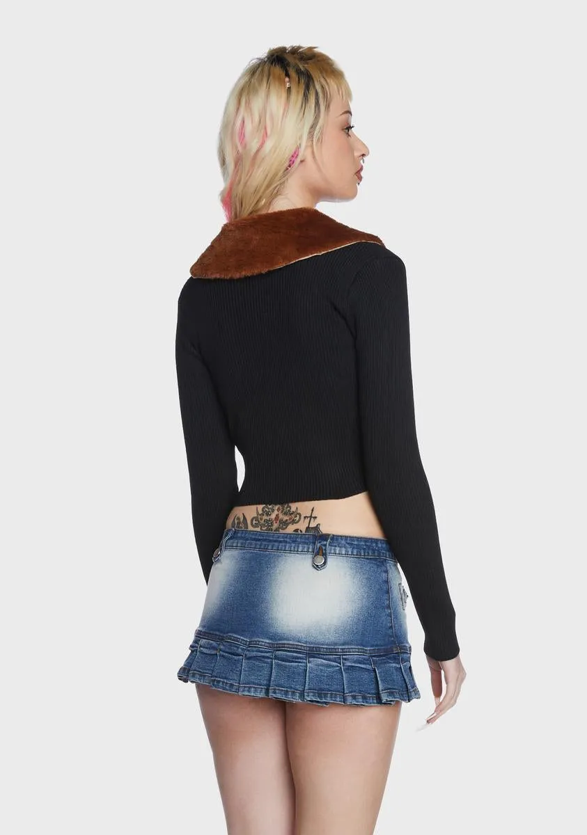 Fur Collar Tie Front Cardigan