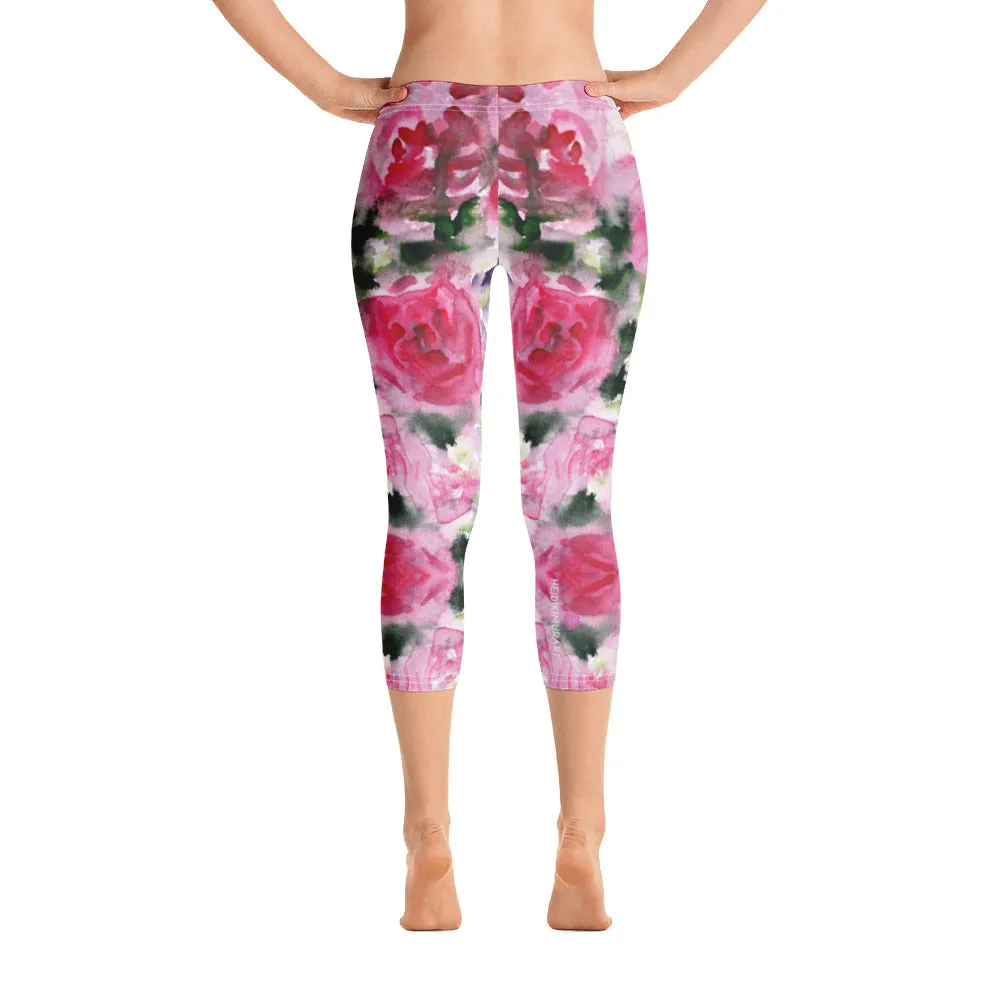 Garden Roses Capri Leggings, Pink Roses Floral Casual Tights Floral Designer Casual 38–40 UPF Capri Leggings Activewear Outfit - Made in USA/EU/MX (US Size: XS-XL)