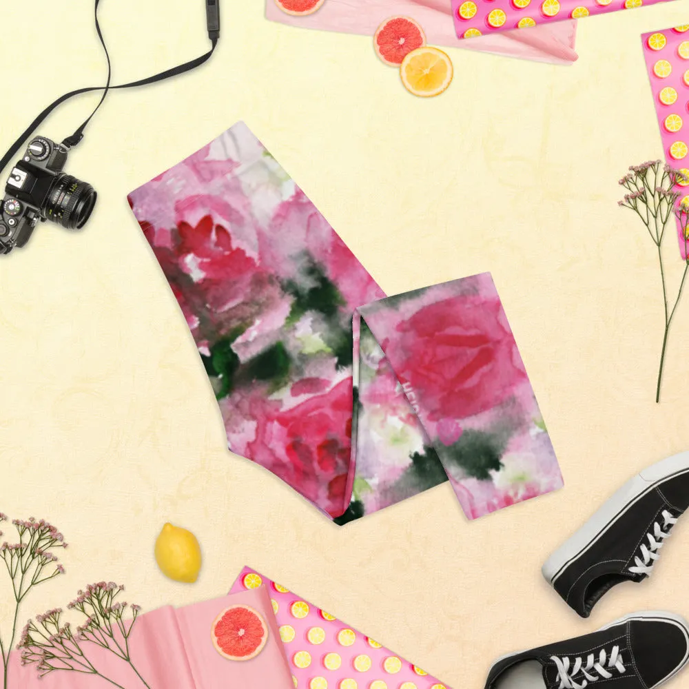 Garden Roses Capri Leggings, Pink Roses Floral Casual Tights Floral Designer Casual 38–40 UPF Capri Leggings Activewear Outfit - Made in USA/EU/MX (US Size: XS-XL)