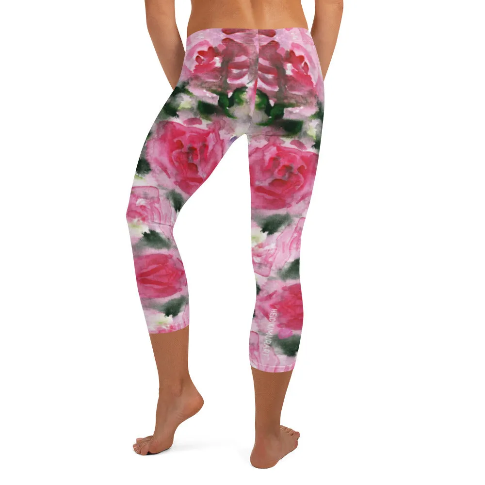 Garden Roses Capri Leggings, Pink Roses Floral Casual Tights Floral Designer Casual 38–40 UPF Capri Leggings Activewear Outfit - Made in USA/EU/MX (US Size: XS-XL)