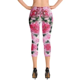 Garden Roses Capri Leggings, Pink Roses Floral Casual Tights Floral Designer Casual 38–40 UPF Capri Leggings Activewear Outfit - Made in USA/EU/MX (US Size: XS-XL)