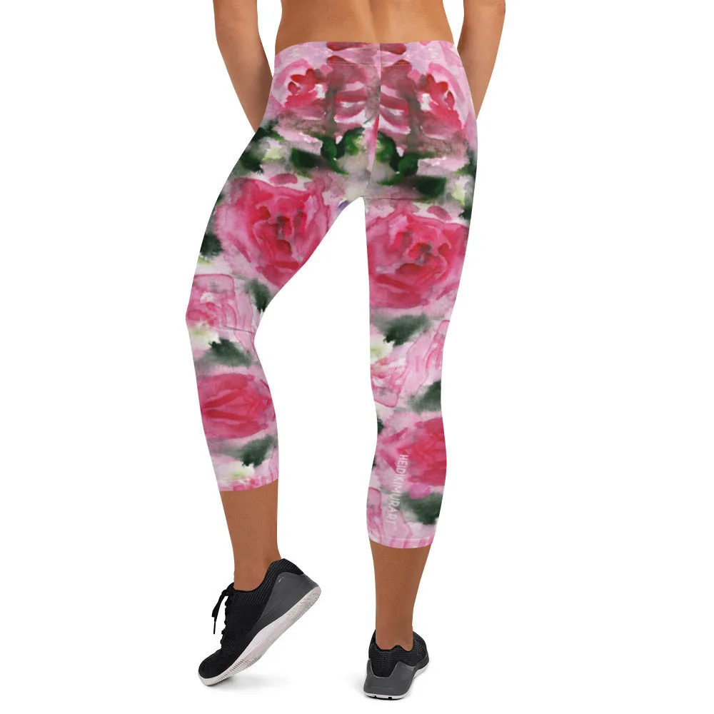 Garden Roses Capri Leggings, Pink Roses Floral Casual Tights Floral Designer Casual 38–40 UPF Capri Leggings Activewear Outfit - Made in USA/EU/MX (US Size: XS-XL)