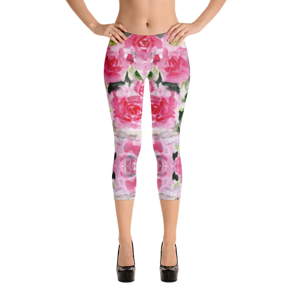 Garden Roses Capri Leggings, Pink Roses Floral Casual Tights Floral Designer Casual 38–40 UPF Capri Leggings Activewear Outfit - Made in USA/EU/MX (US Size: XS-XL)