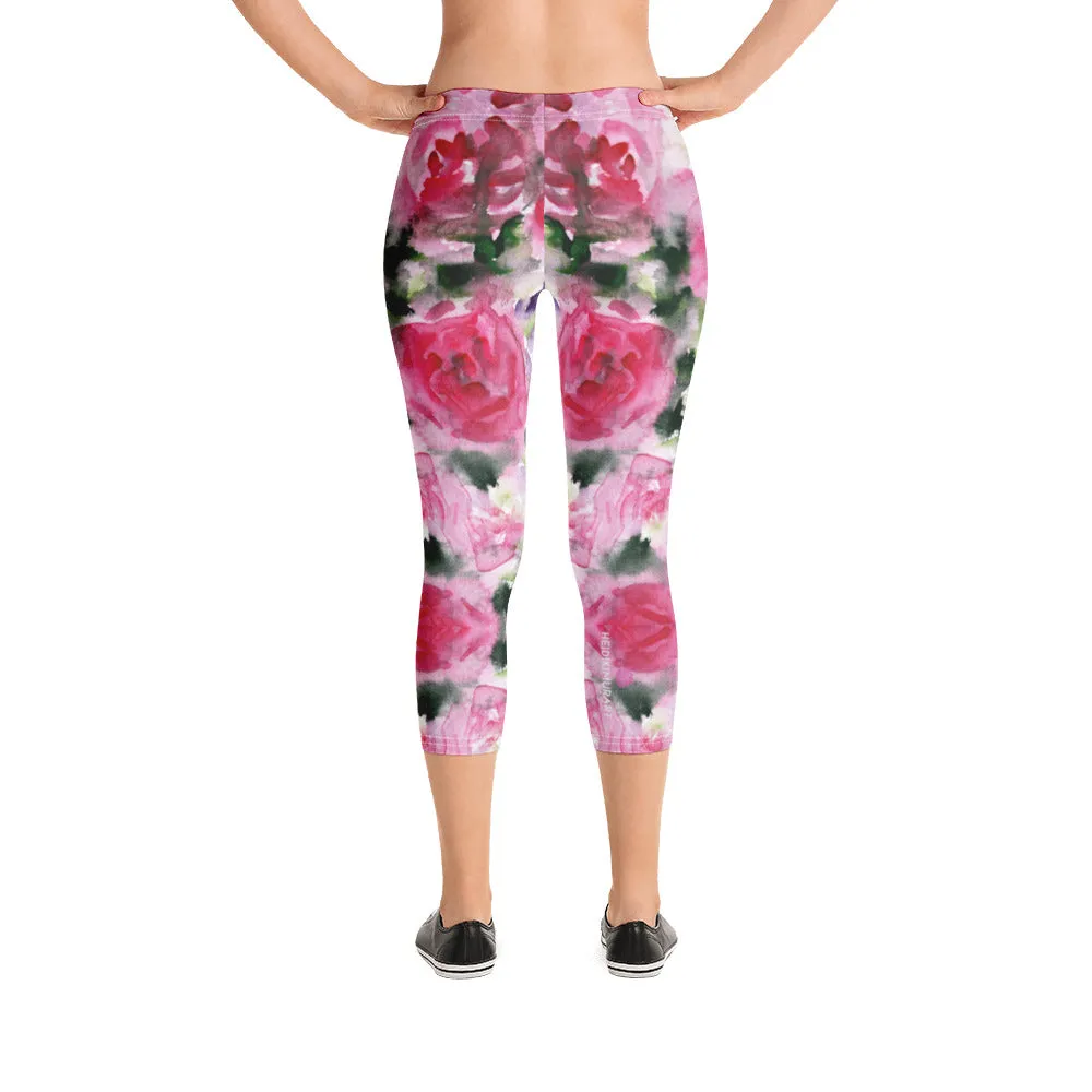 Garden Roses Capri Leggings, Pink Roses Floral Casual Tights Floral Designer Casual 38–40 UPF Capri Leggings Activewear Outfit - Made in USA/EU/MX (US Size: XS-XL)