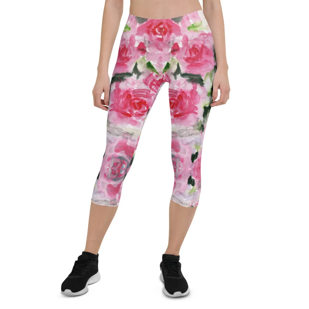 Garden Roses Capri Leggings, Pink Roses Floral Casual Tights Floral Designer Casual 38–40 UPF Capri Leggings Activewear Outfit - Made in USA/EU/MX (US Size: XS-XL)