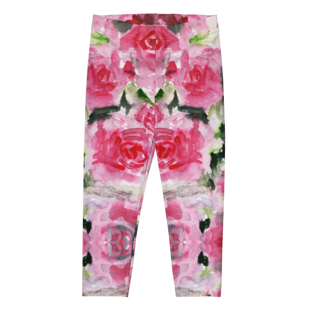 Garden Roses Capri Leggings, Pink Roses Floral Casual Tights Floral Designer Casual 38–40 UPF Capri Leggings Activewear Outfit - Made in USA/EU/MX (US Size: XS-XL)