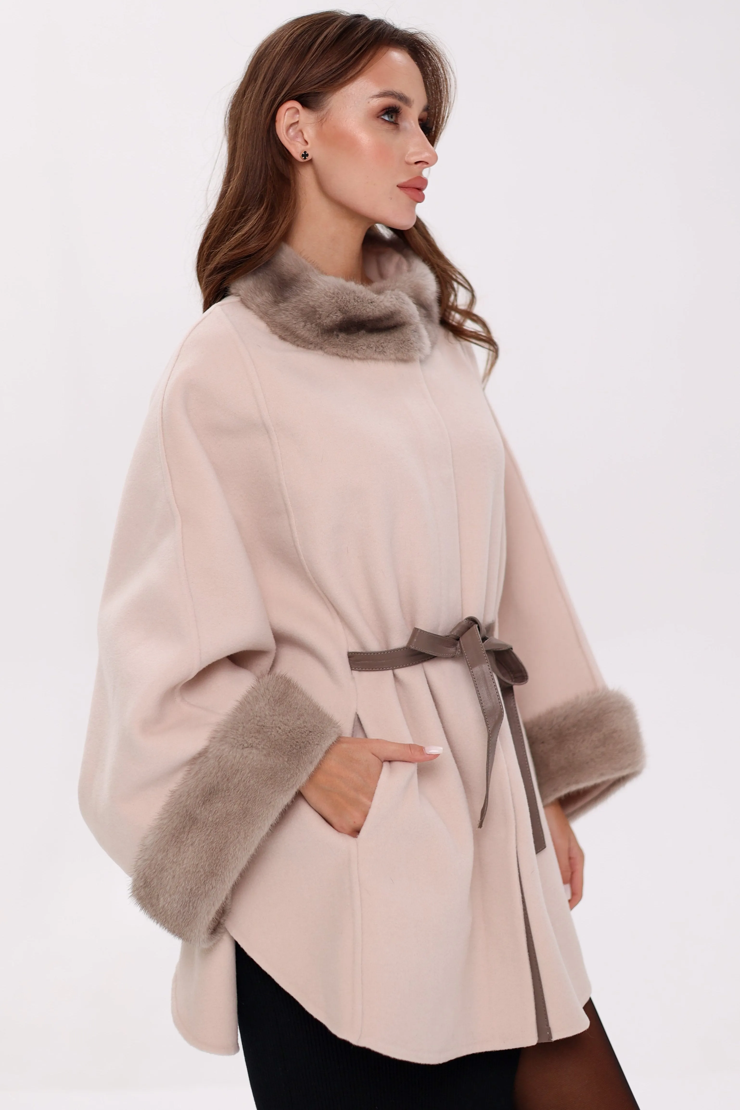 Genuine Mink Fur Double Face Wool Poncho