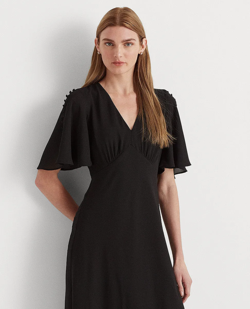 Georgette Flutter-Sleeve Dress In Black