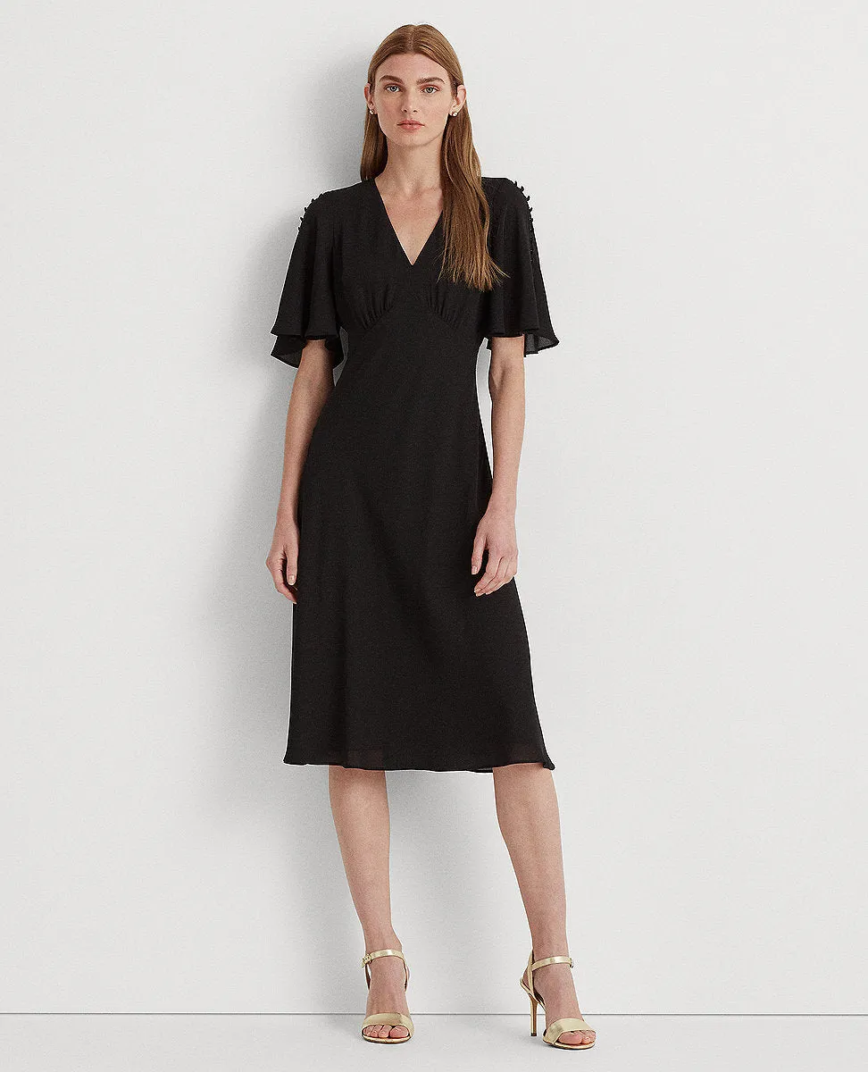 Georgette Flutter-Sleeve Dress In Black