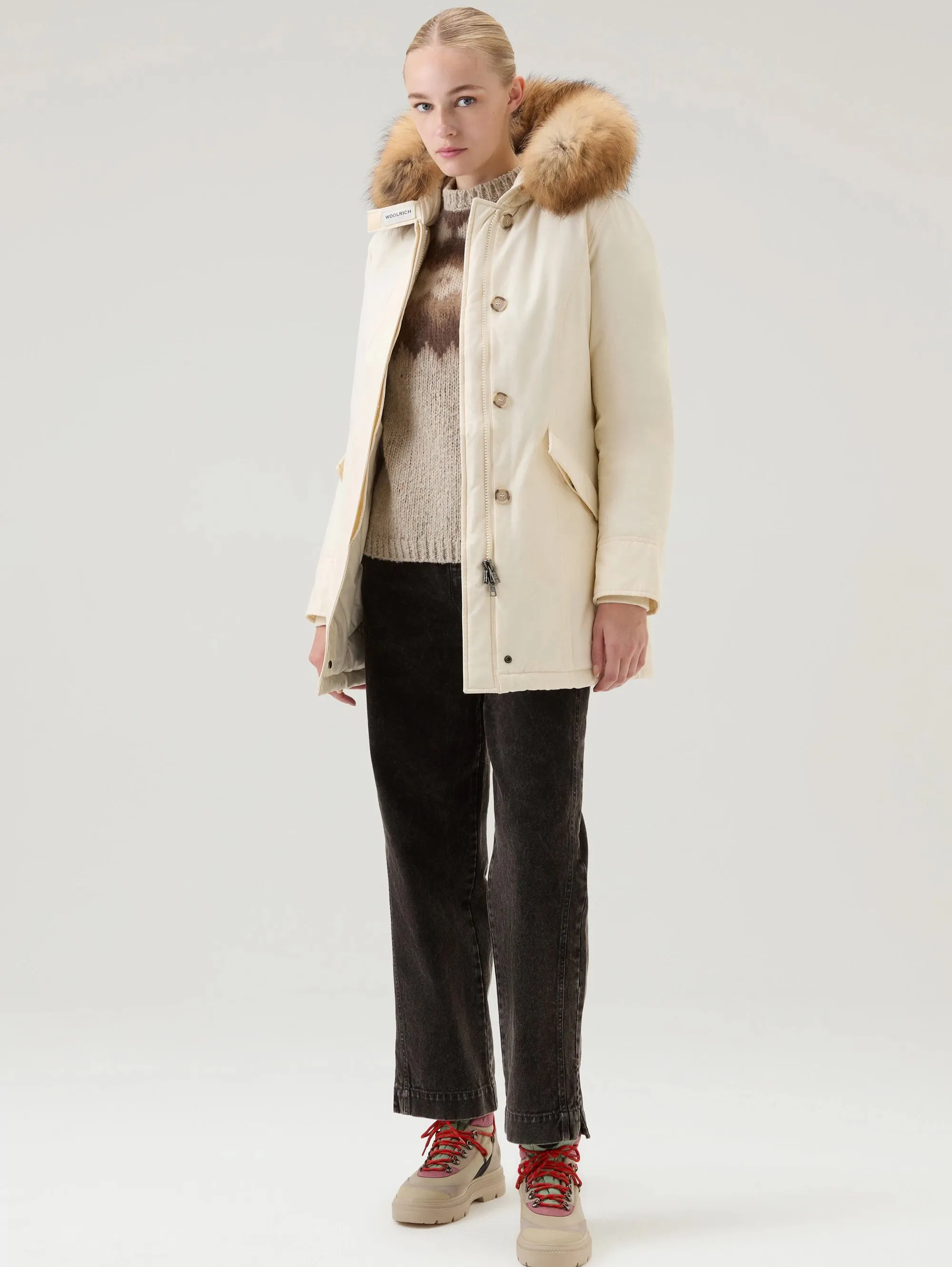 Giaccone Parka con Cappuccio in Raccoon Bianco