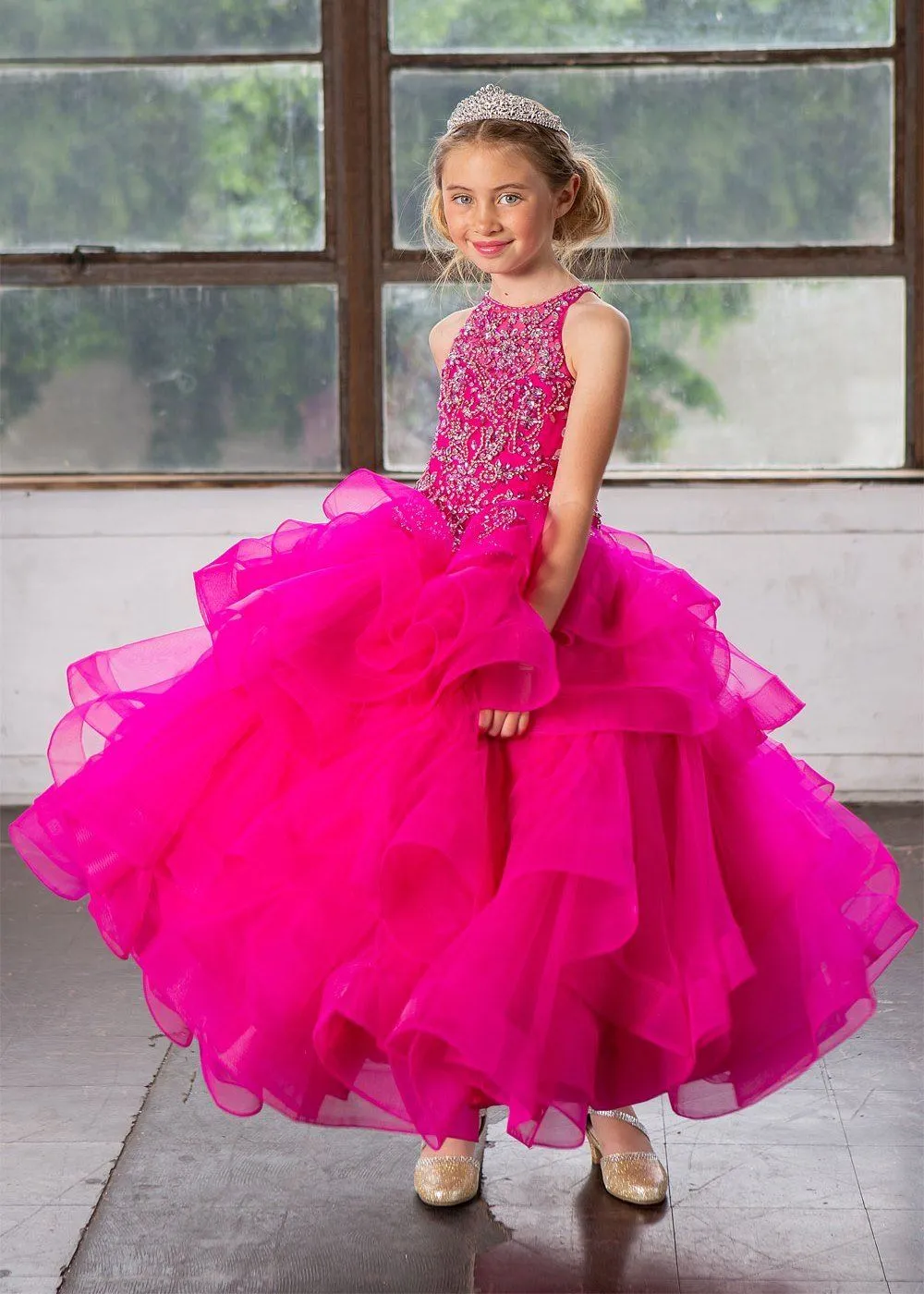 Girls Layered Long High Neck Dress by Calla KY217