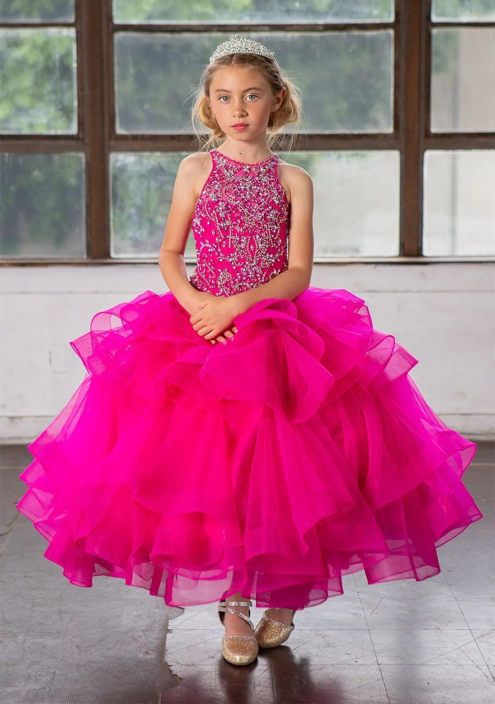 Girls Layered Long High Neck Dress by Calla KY217
