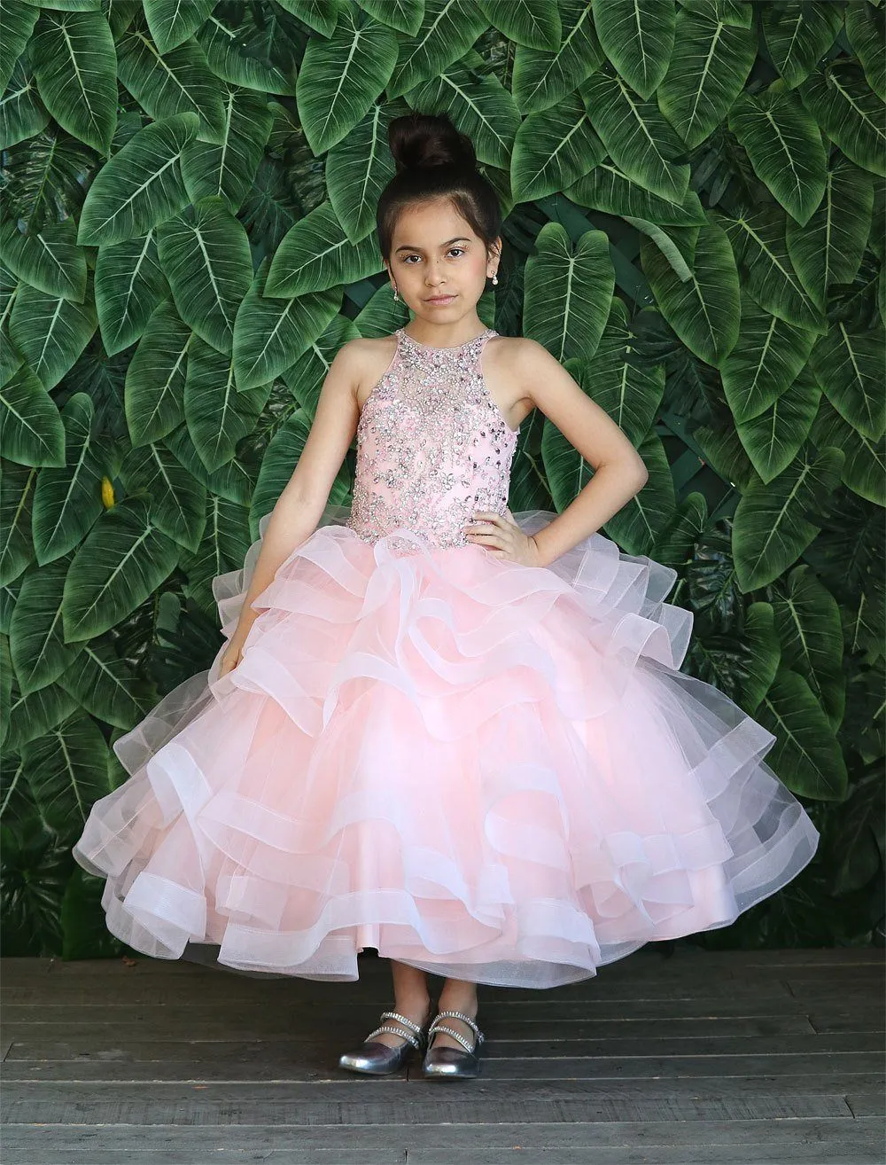 Girls Layered Long High Neck Dress by Calla KY217