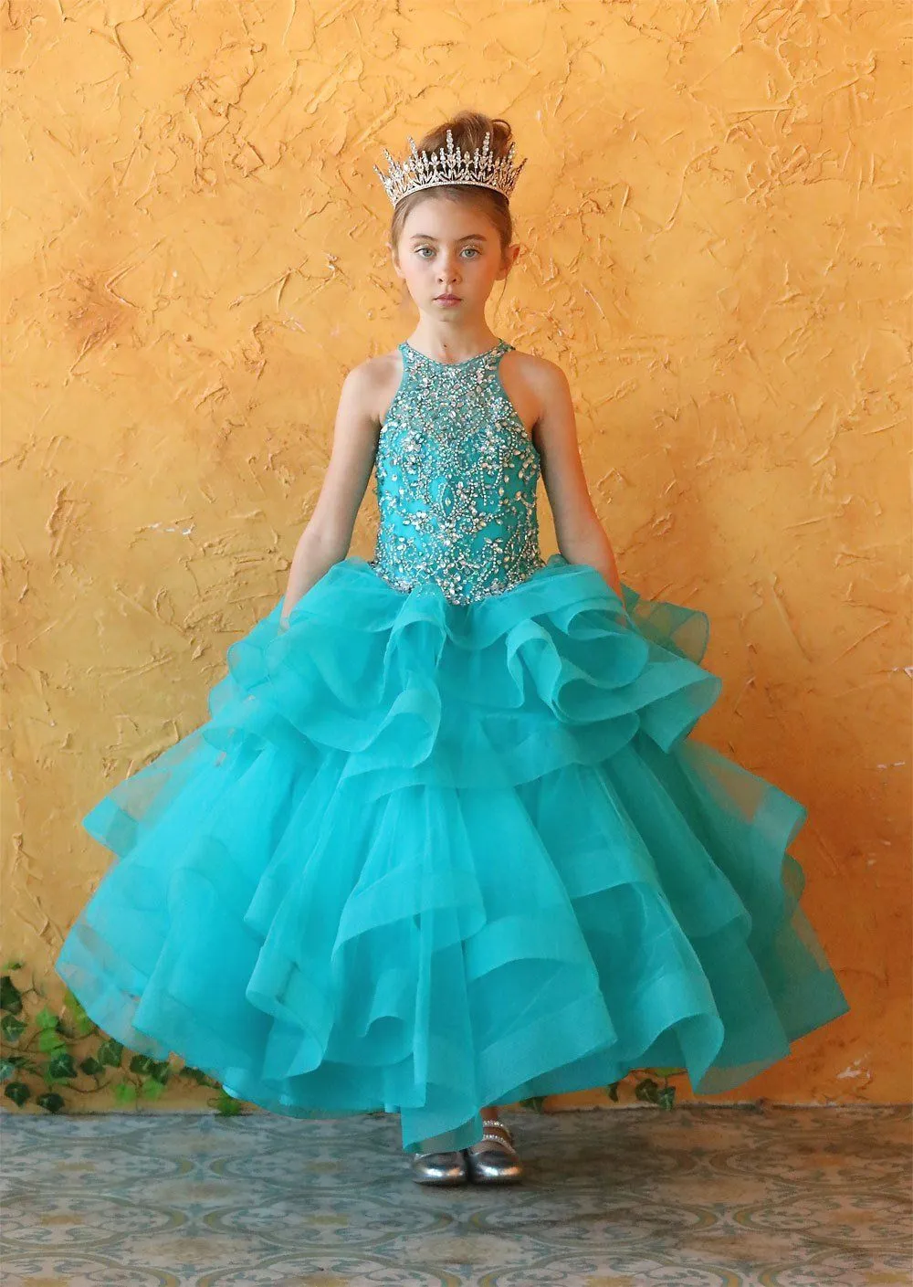 Girls Layered Long High Neck Dress by Calla KY217
