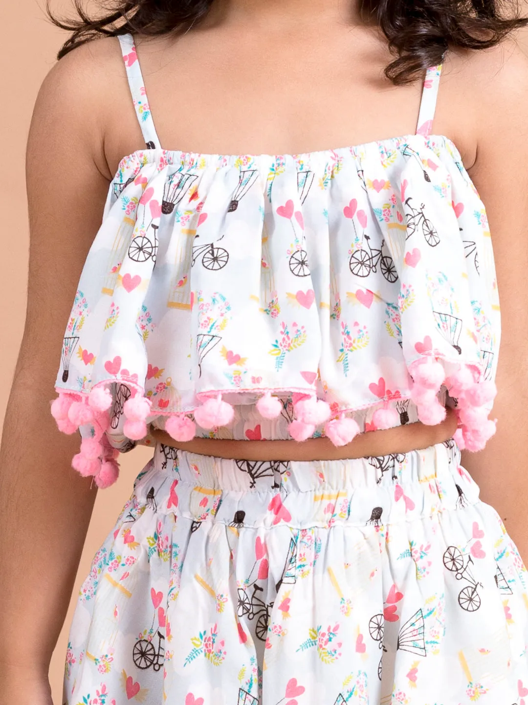 Girls White Pink Printed Top Skirt Co-Ord Set (sk-parachute)