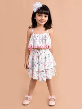 Girls White Pink Printed Top Skirt Co-Ord Set (sk-parachute)