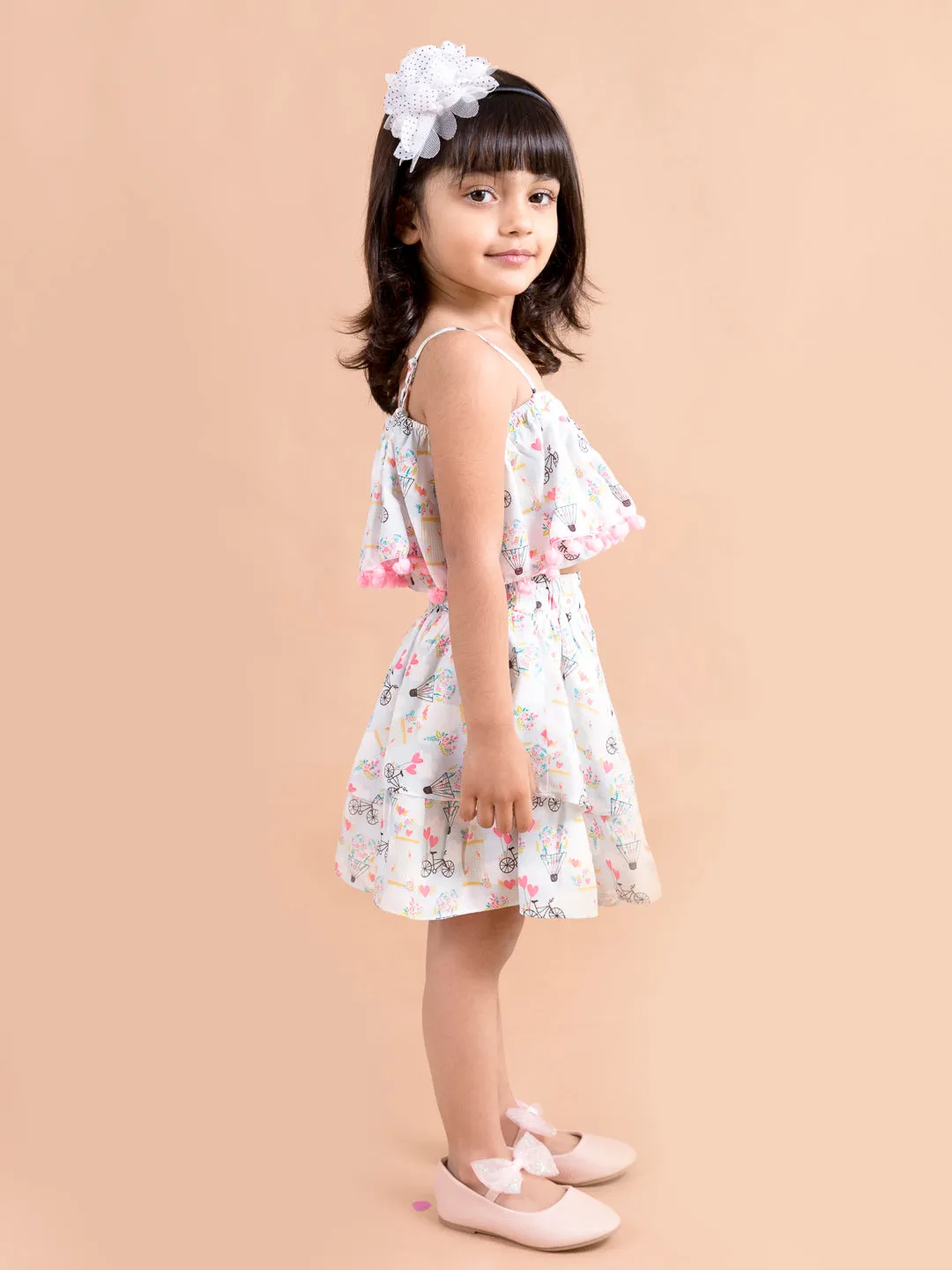 Girls White Pink Printed Top Skirt Co-Ord Set (sk-parachute)