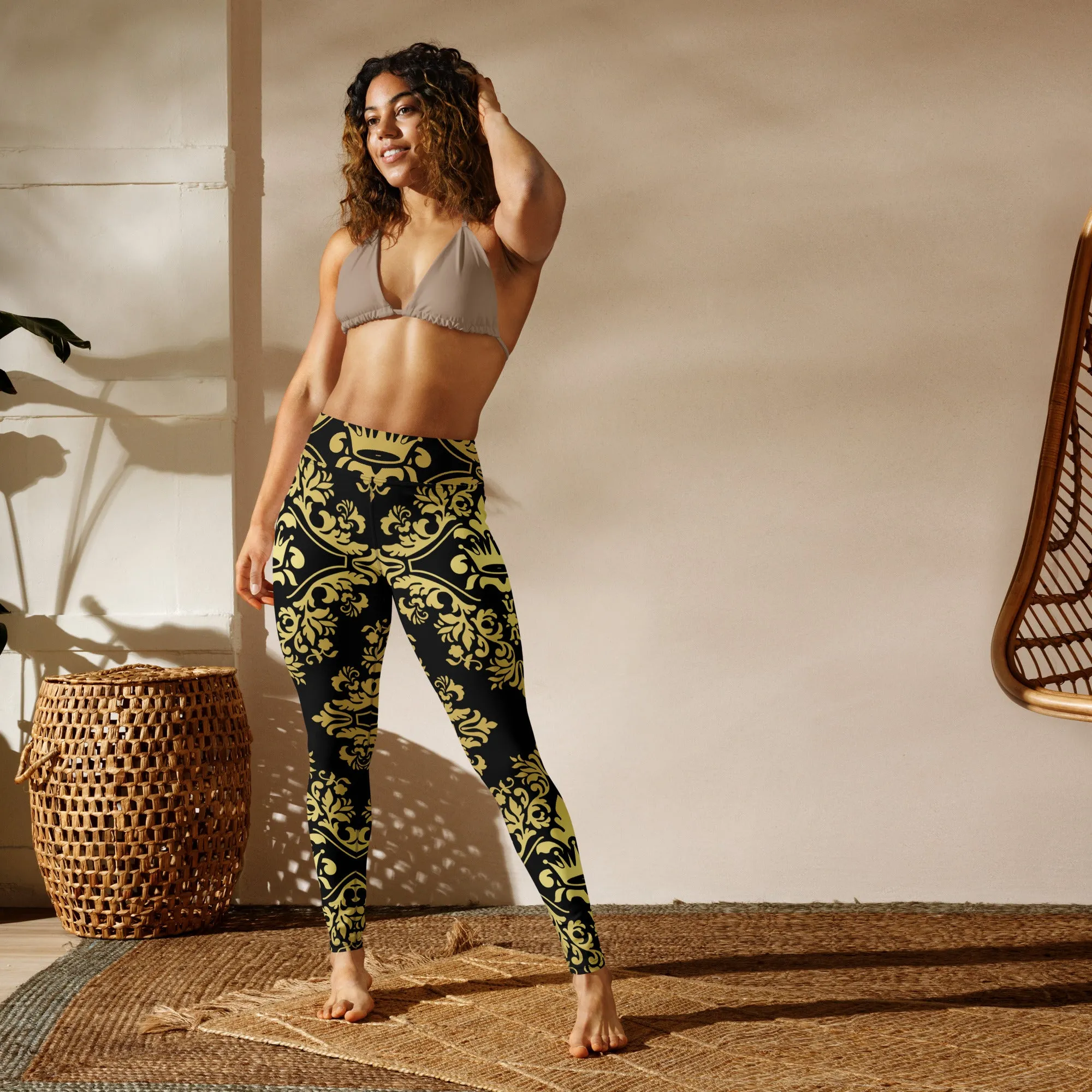 Gold and Black Crown Design Yoga Leggings, lioness-love