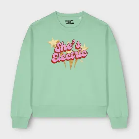 Gold Label 'SHE'S ELECTRIC' 1970s glam glitter star embroidered organic women's dropped shoulder 'alma' sweatshirt - inspired by Oasis
