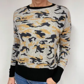 Grey and Apricot Camouflage Cashmere Crew Neck Jumper Medium
