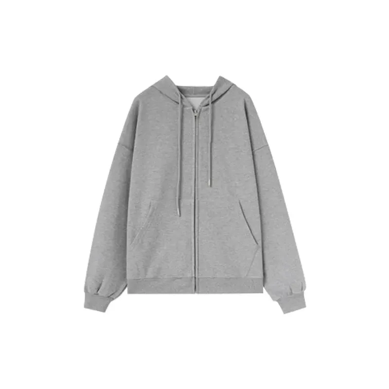 Grey Autumn Zip-up Basic Women's Sweatshirts Solid Color Drawstring Pockets Loose Simple Female Hoodies Office Ladies