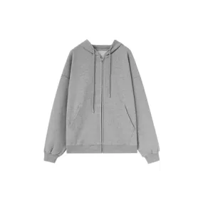 Grey Autumn Zip-up Basic Women's Sweatshirts Solid Color Drawstring Pockets Loose Simple Female Hoodies Office Ladies