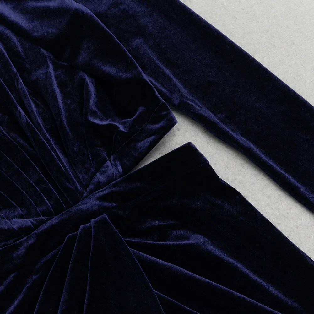 Half Turtleneck Blue Long Sleeve Cutout Split Evening Dress