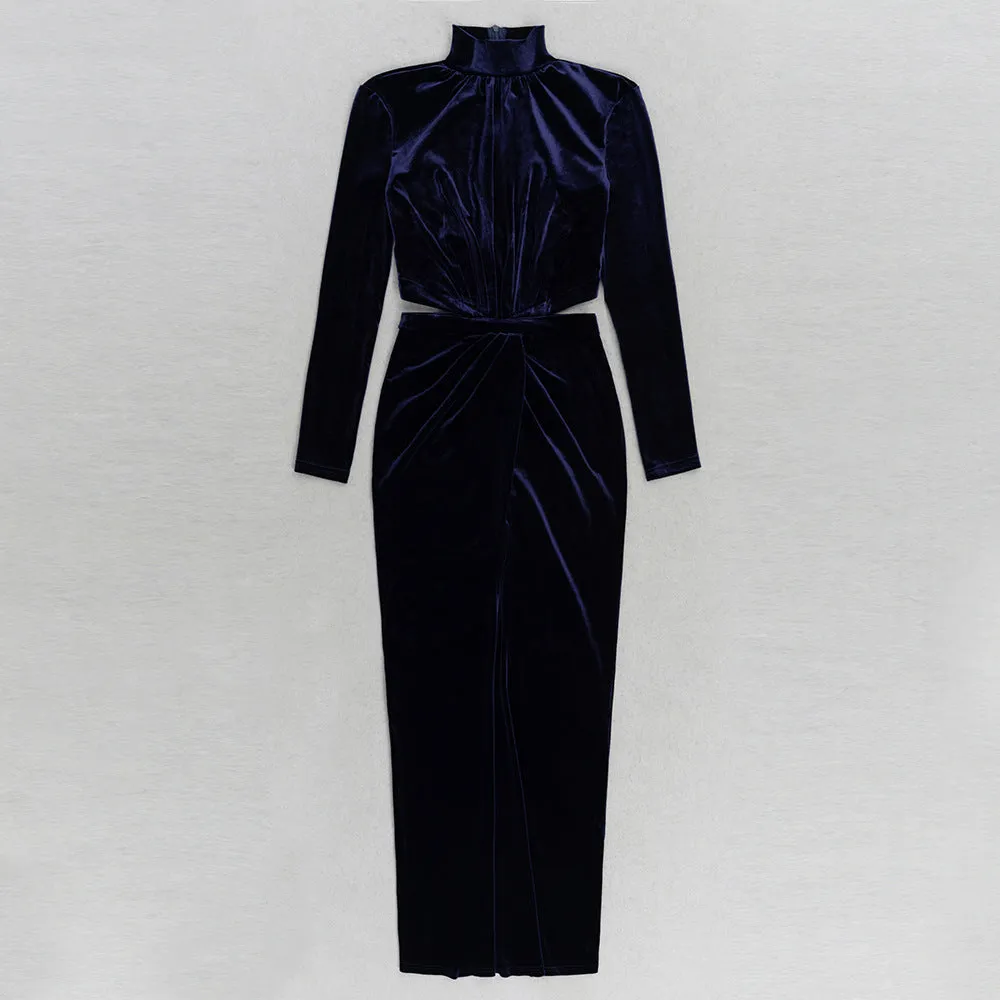 Half Turtleneck Blue Long Sleeve Cutout Split Evening Dress
