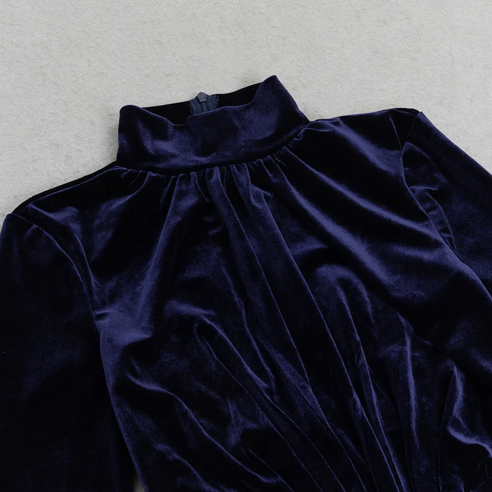 Half Turtleneck Blue Long Sleeve Cutout Split Evening Dress