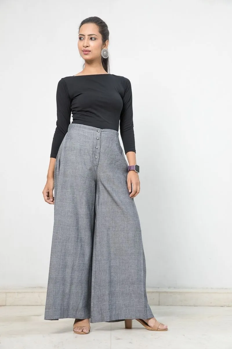 Handloom Cotton Flared Pants with box pleats in Slate Grey