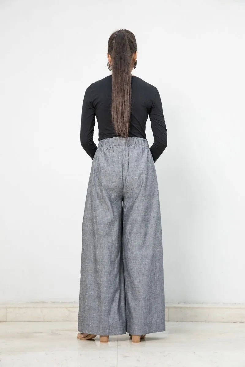 Handloom Cotton Flared Pants with box pleats in Slate Grey