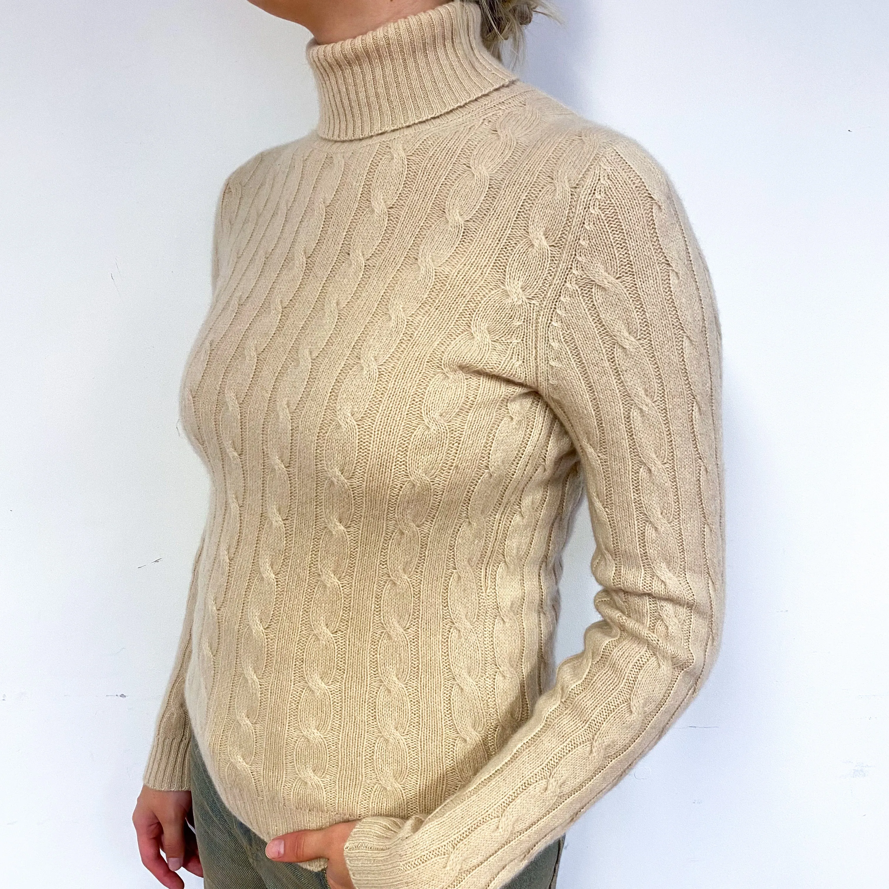 Honey Beige Cable Cashmere Polo Neck Jumper Small