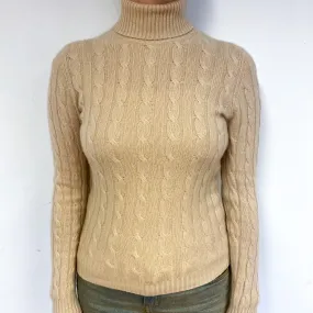 Honey Beige Cable Cashmere Polo Neck Jumper Small