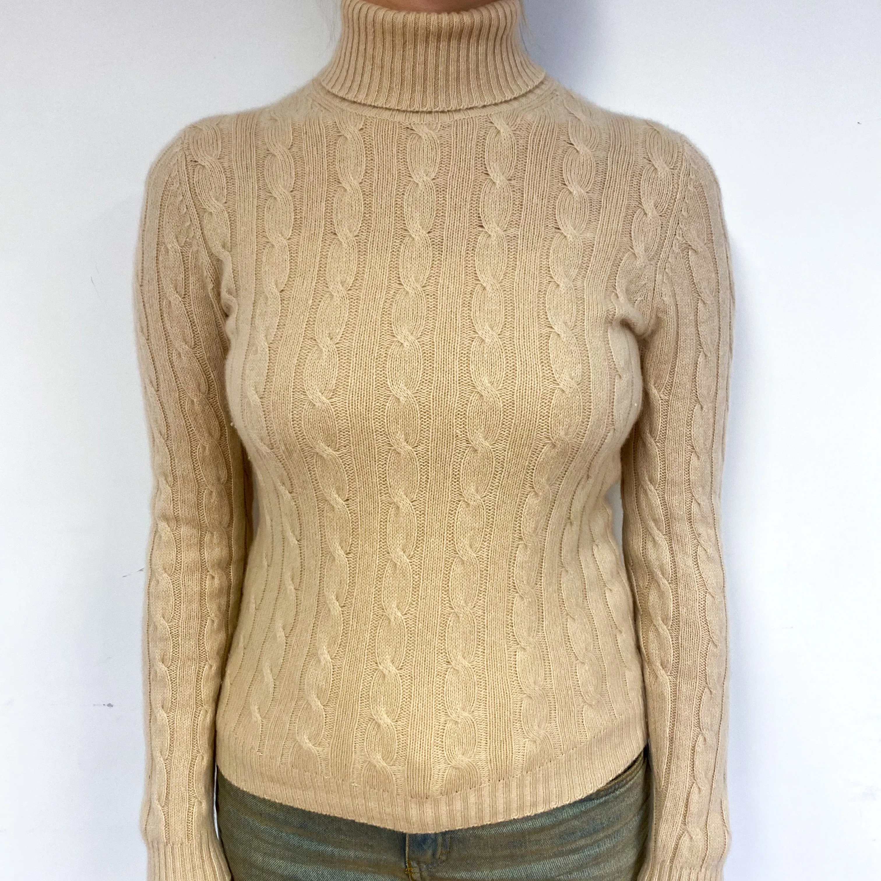 Honey Beige Cable Cashmere Polo Neck Jumper Small