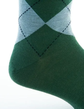 Hunter Green, Sky Blue and Navy Argyle Merino Wool Linked Toe Mid-Calf