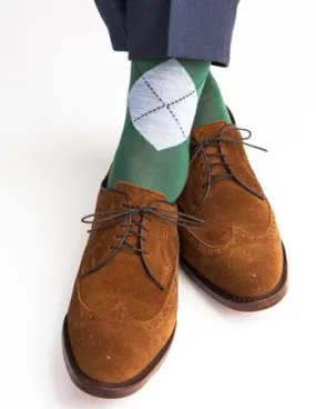 Hunter Green, Sky Blue and Navy Argyle Merino Wool Linked Toe Mid-Calf