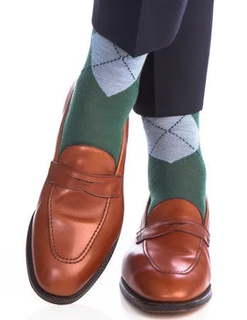 Hunter Green, Sky Blue and Navy Argyle Merino Wool Linked Toe Mid-Calf