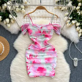 Irregular Printed Ruffled Slip Dress