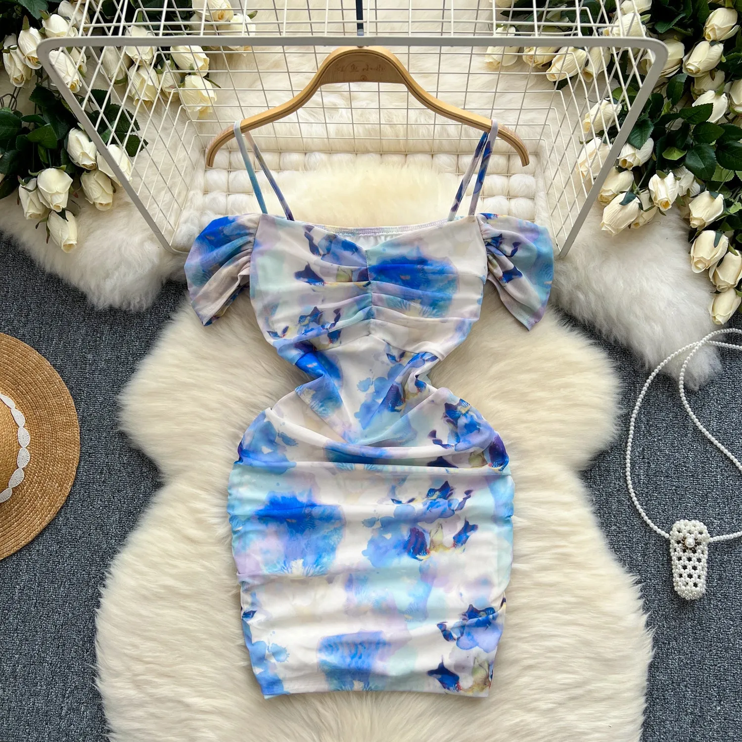 Irregular Printed Ruffled Slip Dress