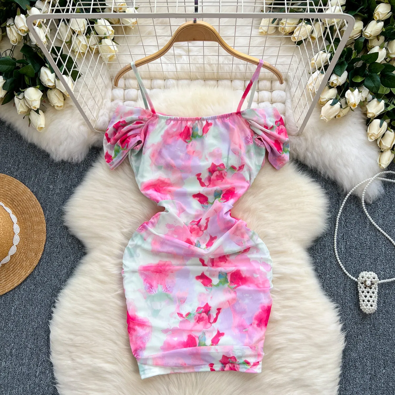 Irregular Printed Ruffled Slip Dress