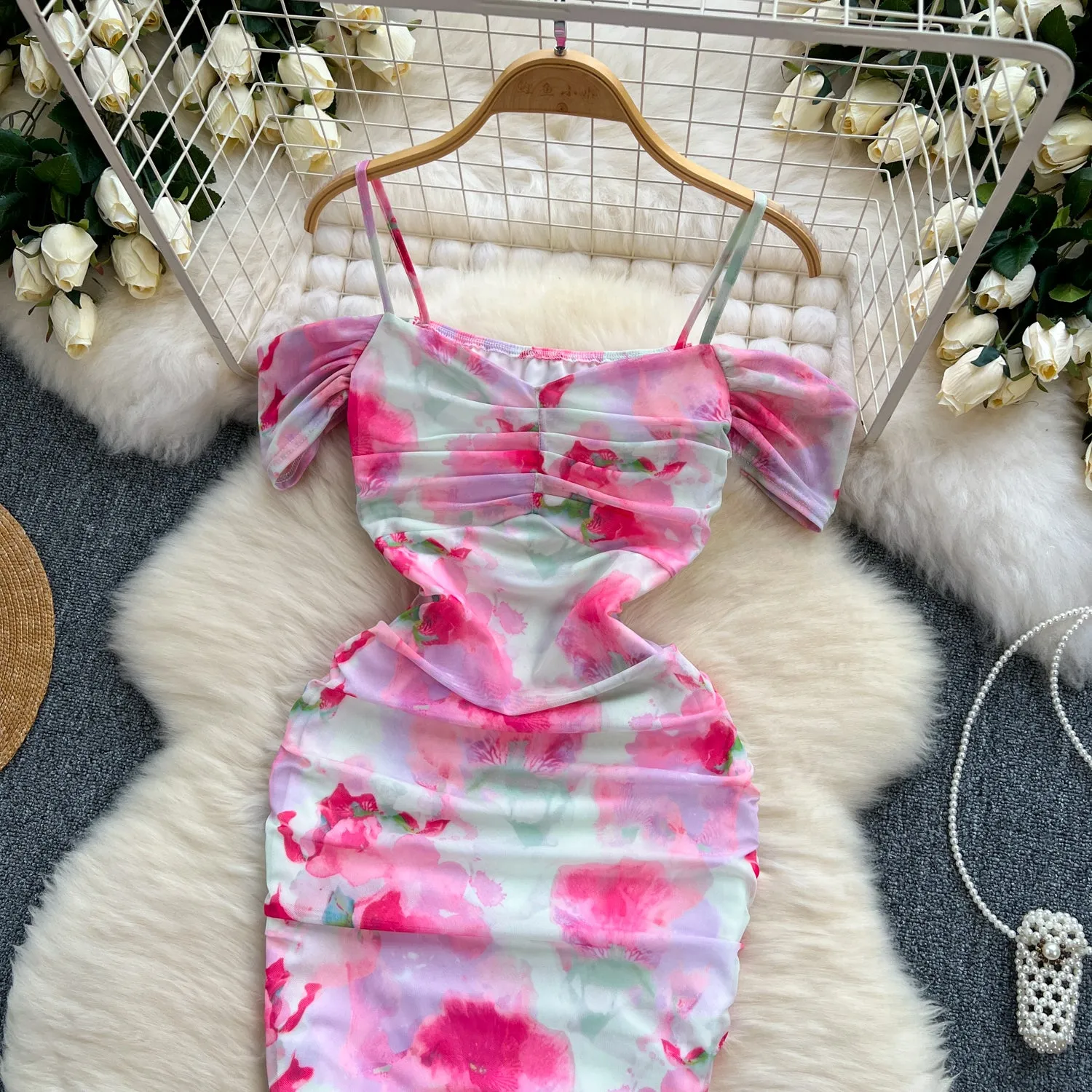 Irregular Printed Ruffled Slip Dress