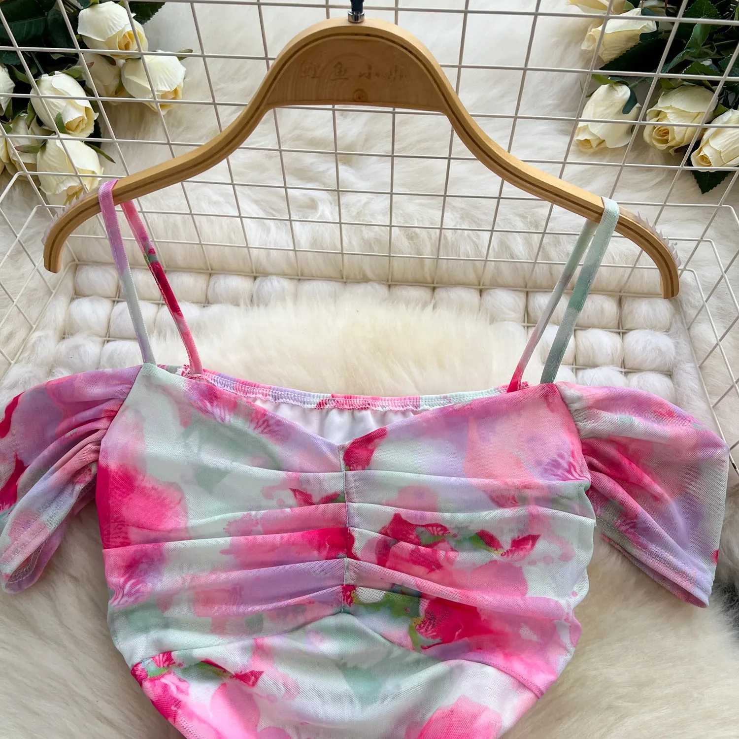 Irregular Printed Ruffled Slip Dress