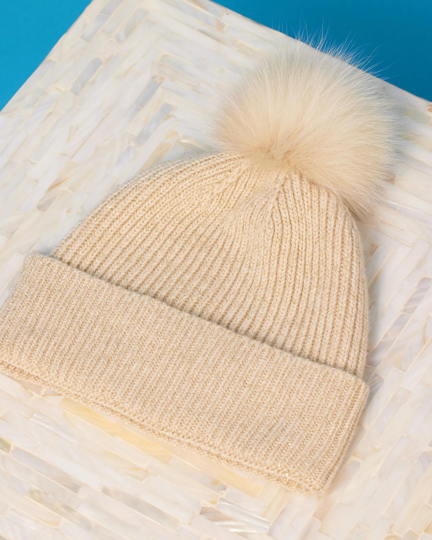 Italian Crafted-Ella Hat in Gold Shimmer Sand and Fox Fur