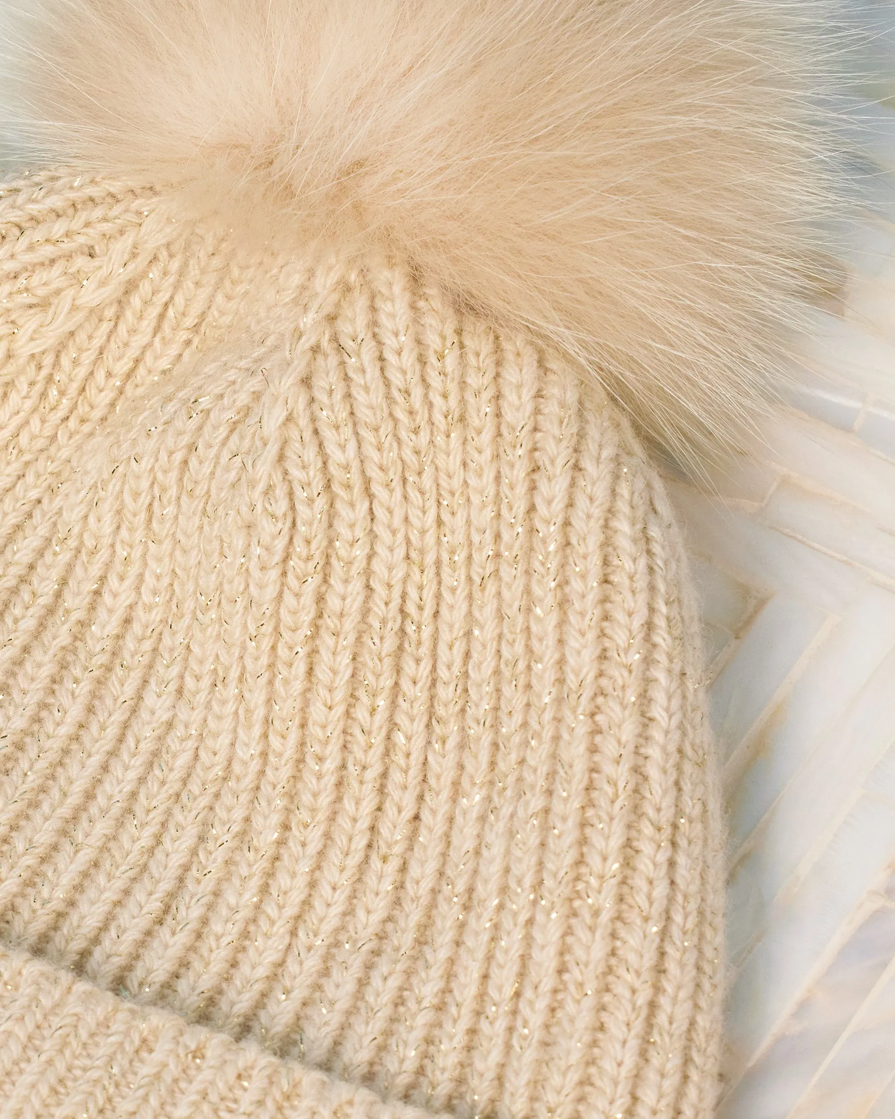 Italian Crafted-Ella Hat in Gold Shimmer Sand and Fox Fur